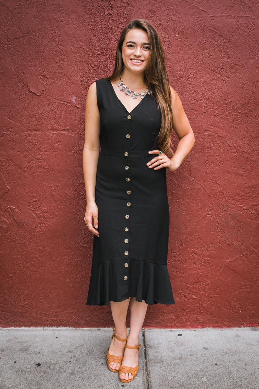 black button front midi dress