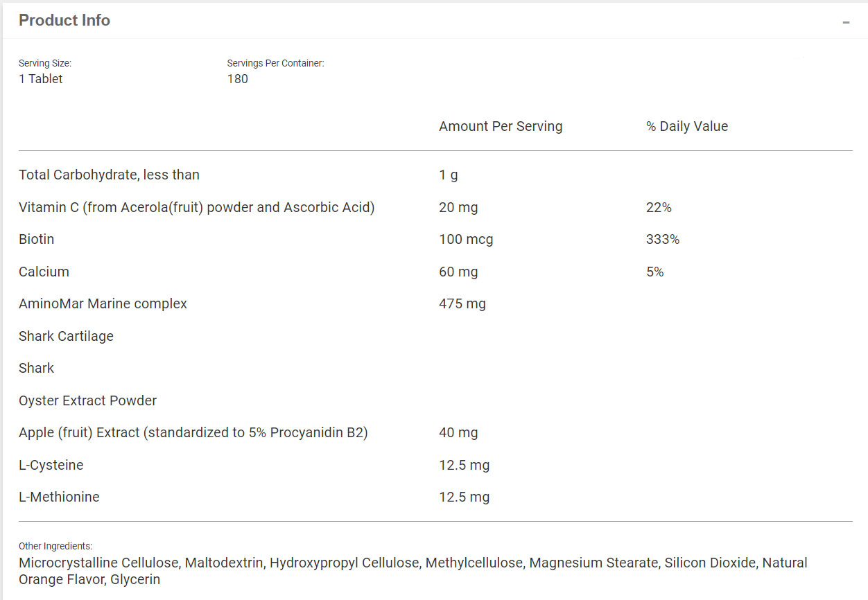 Viviscal Professional Hair Health Ingredients and Nutritional values