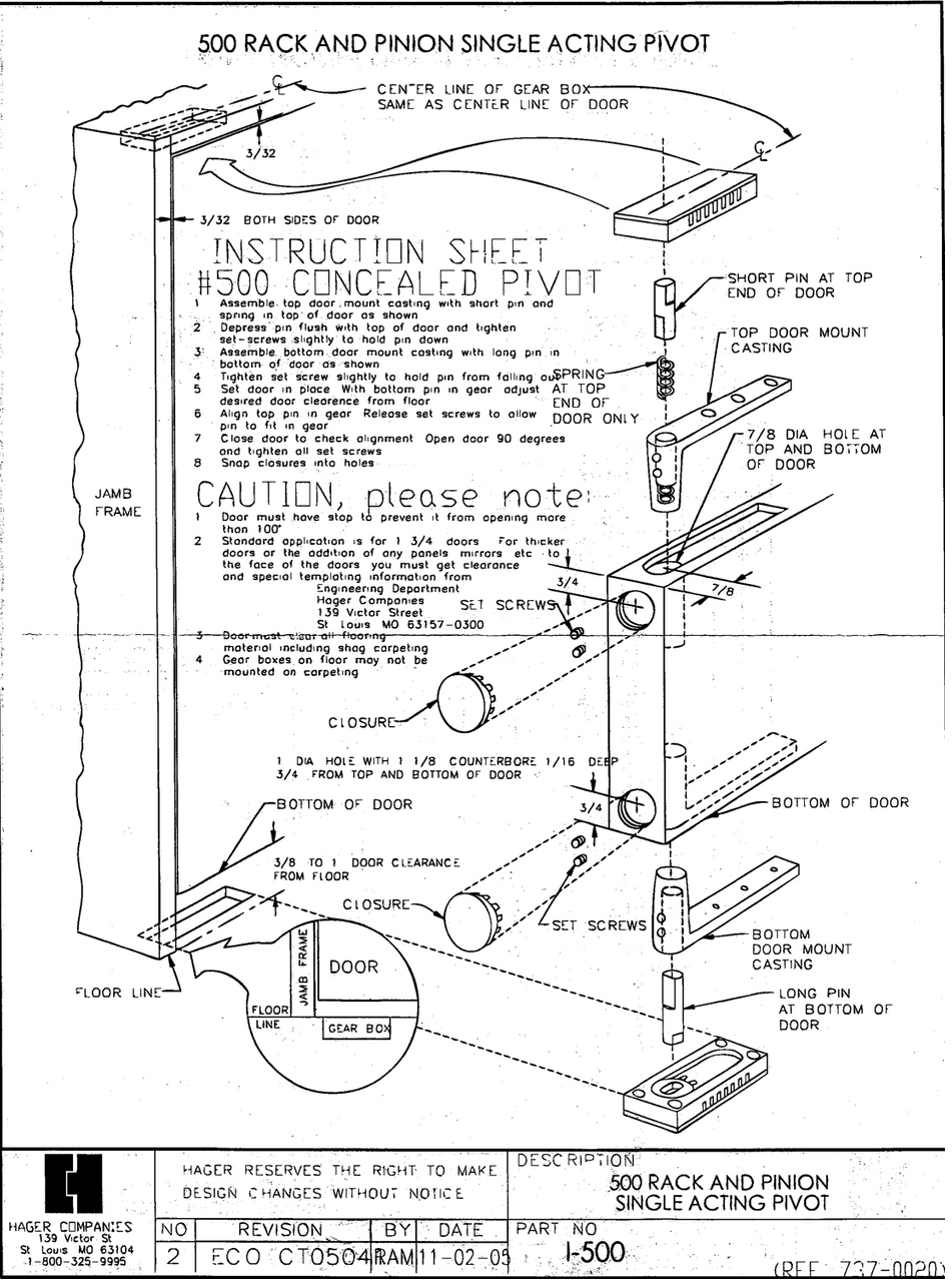 Hager 500 Rack and Pinion Door Pivot