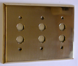 3 Gang Pushbutton Switch Plate in Polished Brass, Unlacquered 3 Gang Pushbutton Switch Plate in Polished Brass, Unlacquered
