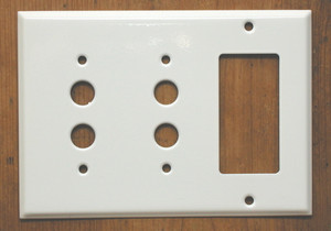 Pushbutton x Pushbutton x GFI Plate in White Painted Steel Pushbutton x Pushbutton x GFI Plate in White Painted Steel