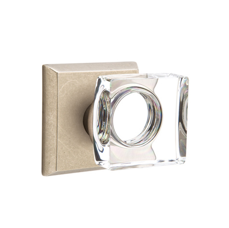 Customizable Emtek Modern Square Glass Knob With Choice Backset & Sandcast Bronze Rosette
