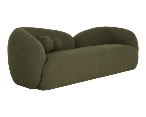 Esme curved boucle sofa in Copenhagen Olive boucle fabric with matching spherical cushions | Be Bold Furniture.
