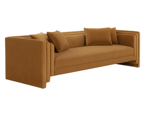 Kira upholstered sofa in Meg Gold fabric with soft geometric lines and a contemporary fully upholstered design by Be Bold Furniture.