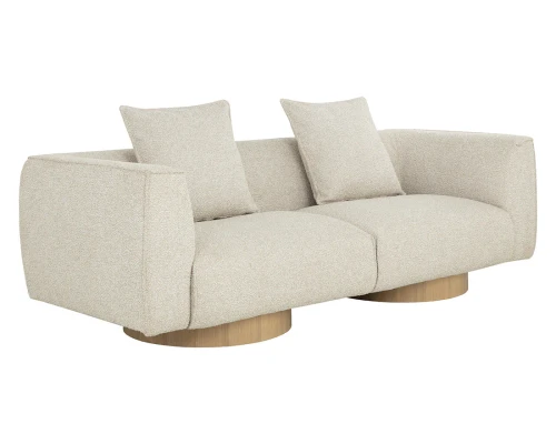 Mattis modern fabric sofa in Santa Cruz Oatmeal with rounded light oak veneer bases and a contemporary upholstered design by Be Bold Furniture.