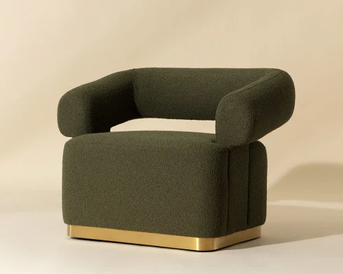 Aggie swivel lounge chair upholstered in Copenhagen Olive fabric with a brushed gold stainless steel 360-degree swivel base by Be Bold Furniture.