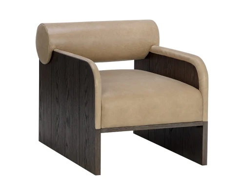 Coburn lounge chair upholstered in Sahara Sand semi-aniline leather with rustic oak wood legs and a bolster back by Be Bold Furniture.
