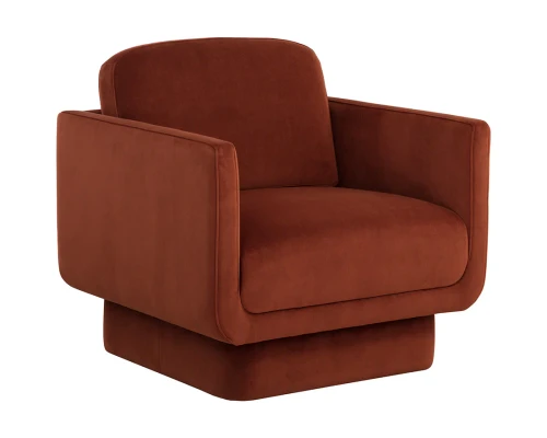 Everton armchair upholstered in Meg Dark Brown fabric with U-shaped arms, rounded edges, and a fully upholstered floating base by Be Bold Furniture.