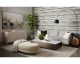 Gannon curved fabric sofa upholstered in Ernst Sandstone with a modern silhouette and fully upholstered base by Be Bold Furniture.