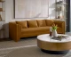 Kira upholstered sofa in Meg Gold fabric with soft geometric lines and a contemporary fully upholstered design by Be Bold Furniture.