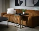 Romy tufted fabric sofa in Meg Gold with distressed brown solid beech wood legs and a contemporary upholstered design by Be Bold Furniture.