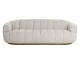 Tadeo Sofa in Dove Cream fabric with a warm brown solid oak base, antique brass accents, and a modern sculptural design by Be Bold Furniture.