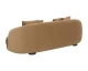 Valentina sofa upholstered in Kona Camel fabric with a gently curved frame, four back cushions, and espresso rubberwood feet by Be Bold Furniture.