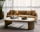 Valentina sofa upholstered in Kona Camel fabric with a gently curved frame, four back cushions, and espresso rubberwood feet by Be Bold Furniture.