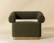 Aggie swivel lounge chair upholstered in Copenhagen Olive fabric with a brushed gold stainless steel 360-degree swivel base by Be Bold Furniture.