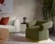 Aggie swivel lounge chair upholstered in Copenhagen Olive fabric with a brushed gold stainless steel 360-degree swivel base by Be Bold Furniture.