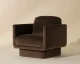 Everton armchair upholstered in Meg Dark Brown fabric with U-shaped arms, rounded edges, and a fully upholstered floating base by Be Bold Furniture.