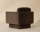 Everton armchair upholstered in Meg Dark Brown fabric with U-shaped arms, rounded edges, and a fully upholstered floating base by Be Bold Furniture.