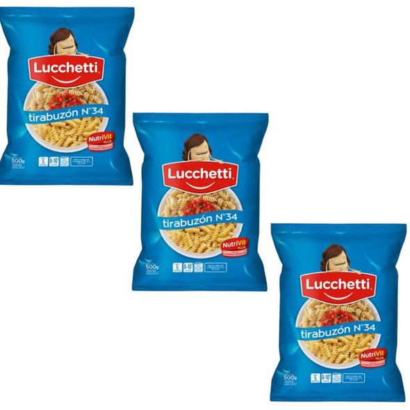 Fideos Lucchetti Tirabuzón N°34 Ringlet Noodles 5 Servings , 500 g / 1.1 lb (pack of 3)