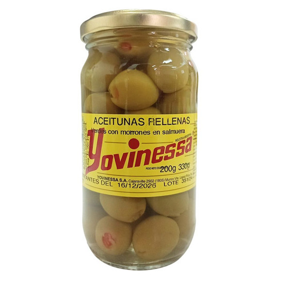 Yovinessa Aceitunas Verdes Rellenas Green Olives Stuffed with Red Peppers in Brine, 330 g / 11.64 oz