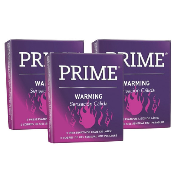 Prime Warming Preservativos Lubricated Latex Condoms Warm Feeling Condoms with Lubricant Gel, 3 boxes with 3 condoms ea (9 count)