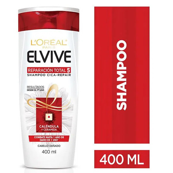 Elvive L'Oréal Shampoo Reparación Total Repairing Shampoo for Damaged Hair with Calendula & Ceramide, 400 ml / 13.52 fl oz bottle