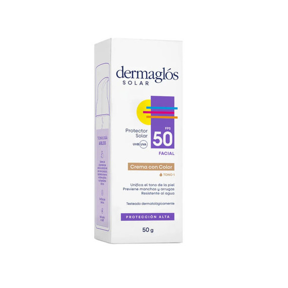 Dermaglós Solar Color Cream SPF 50, Tono 1, High Protection Protector Solar Facial con Color, 50 g / 1.76 oz