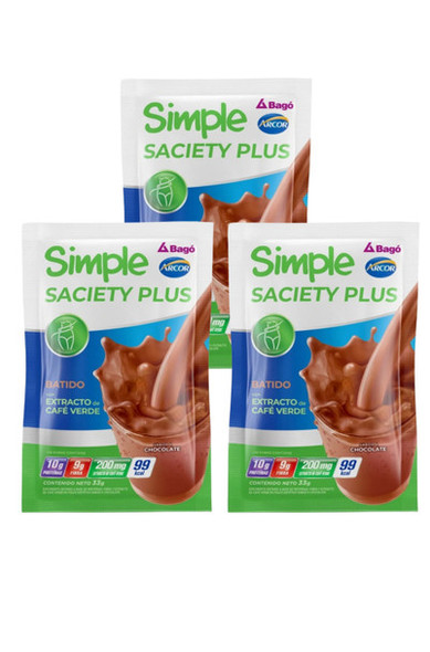Arcor Simple Saciety Plus Dietary Supplement Powder Protein, Fiber & Green Coffee Extract Chocolate Flavor, 33 g / 1.16 oz pouch (pack of 3)