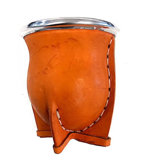 Large Camionero Light Brown Leather Mate Entrerriano Gourd Carved Calabaza, 10 cm / 3.9" dia x 13 cm / 5.1" H