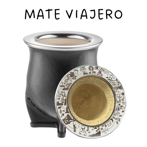 Laska Mates Camionero Viajero Premium Black Genuine Leather Gourd Mate Traveler Lined in (Black)