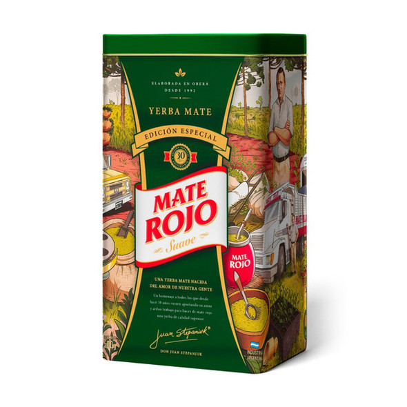 Mate Rojo Special Edition 30th Anniversary Tin with Spout with Suave Soft Yerba Mate Included, 500 g / 17.63 oz
