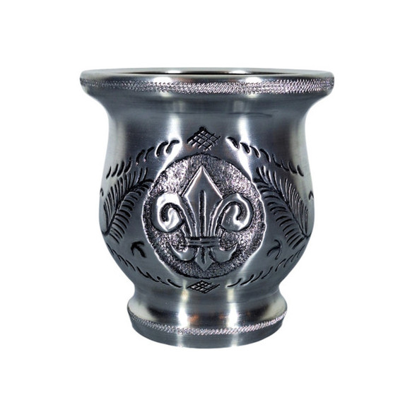 Wooden Mate Cup Lined with Aluminum, Engraved Fleur-de-Lis Design, Durable & Traditional