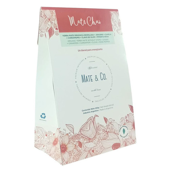 Mate & Co Mate Chai Organic Yerba Mate Blend Premium with Ginger, Cinnamon, Cardamom, Cloves & Pink Pepper - Despalada No Stems, 250 g / 8.8 oz