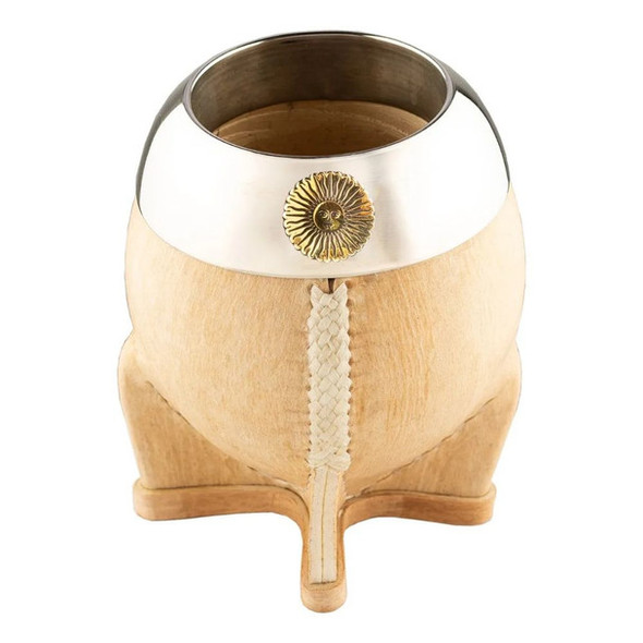 Matesur Torpedo Mate Raw Leather Sun of May Handmade Ornamented Gourd Mate Sol de Mayo de Cuero Crudo Calabaza, 11 cm / 4.3'