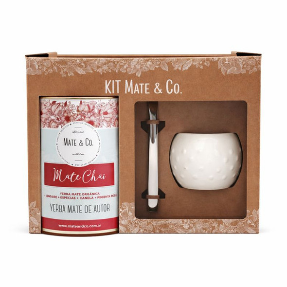 Mate & Co Mate Chai Yerba Mate Gift Kit with White Ceramic Mate & Bombilla, 250 g / 8.82 oz