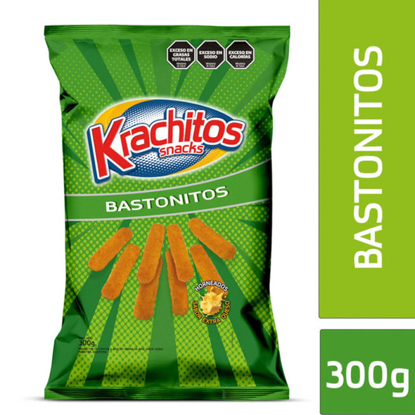 Krachitos Bastoncitos Extra Queso Chizitos Baked Corn Snack Wider Sticks Extra Cheese Flavor Party Super Bag, 300 g / 10.58 oz bag