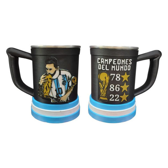 Fernetero 3D-Printed Chop Mug with Aluminum Interior – World Champions Soccer Stein and Messi with the Cup, 500 ml / 16.9 oz