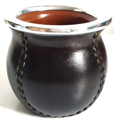 Flat Camionero Chato Premium Leather Ceramic Enameled Mate Gourd, Non-Porous Interior, Flat Base and Stainless Steel Ring, 8 cm / 3.14" dia x 10 cm / 3.94"