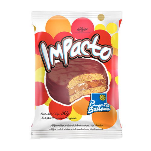 Punta Ballena Alfajor Impacto Chocolate Relleno de Dulce de Leche Bañado con Chocolate Chocolate Alfajor Stuffed with Dulce de Leche Dipped with Chocolate, 30 g / 1.05 oz (display por 16)