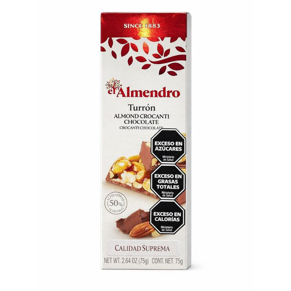 El Almendro Crunchy Almond Turron with Chocolate Confection Turrón de Almendras con Confitura de Chocolate, 75 g / 2.65 oz