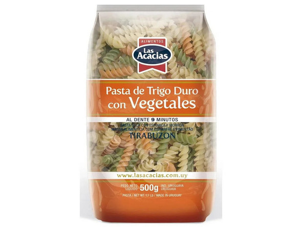 Las Acacias Dried Durum Wheat Pasta with Vegetables Fideos Tirabuzón con Vegetales from Uruguay, 500 g / 17.63 oz (pack of 3)