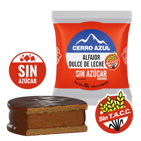 Cerro Azul Alfajor Filled with Dulce de Leche, Dark Chocolate, Sugar-Free, Gluten-Free, 50 g / 1.76 oz (pack of 6)