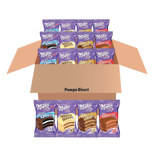 Selection Box Alfajores Milka - Triple Oreo, Triple Cookie with Chocolate Mousse, Triple Cookie with White Chocolate Mousse &  Triple Stacking with Dulce de Leche (12 units)