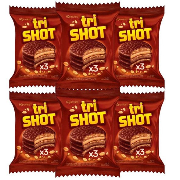 Trishot Triple Alfajor with Peanut Butter and Chocolate Mousse, 60 g / 2.1 oz (pack of 6)