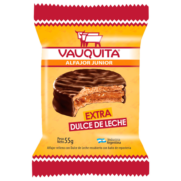 Vauquita Alfajor Junior Milk Chocolate Alfajor with Extra Dulce de Leche Filling, 55 g / 1.94 oz (pack of 6)