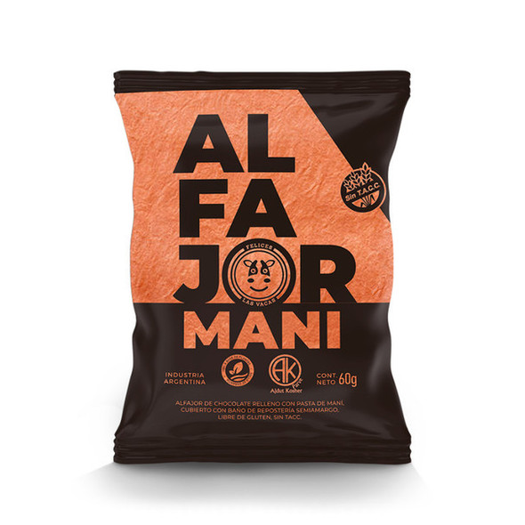 Felices Las Vacas Alfajores Negro Relleno de Pasta de Maní Vegan Semi-Bitter Chocolate Alfajor with Peanut Paste Filling, 60 g / 2.12 oz ea (box of 12 alfajores)