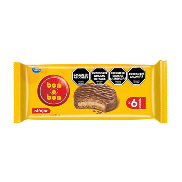 Bon o Bon Alfajor with Peanut Butter and Milk Chocolate Alfajores Agrupados en Bandeja, 40 g / 2.1 oz (6 alfajores)