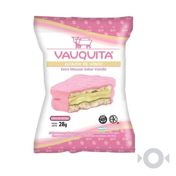 Vauquita Alfajor de Arroz Strawberry Wholegrain Rice Extra Mousse Alfajor with Vanilla Filling, 28 g / 0.98 oz (pack of 6)