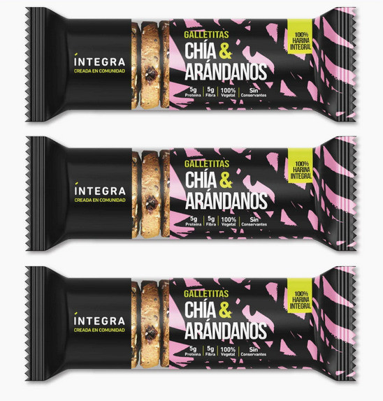 Integra Chia & Blueberry Cookies, Galletas Saludables Plant-Based con Chía y Arándanos, 200 g / 7.05 oz (pack of 3)