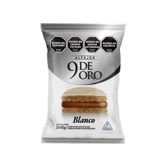 9 de Oro Alfajor Clásico con Dulce de Leche Covered in White Chocolate, 45 g / 1.6 oz (pack of 6)